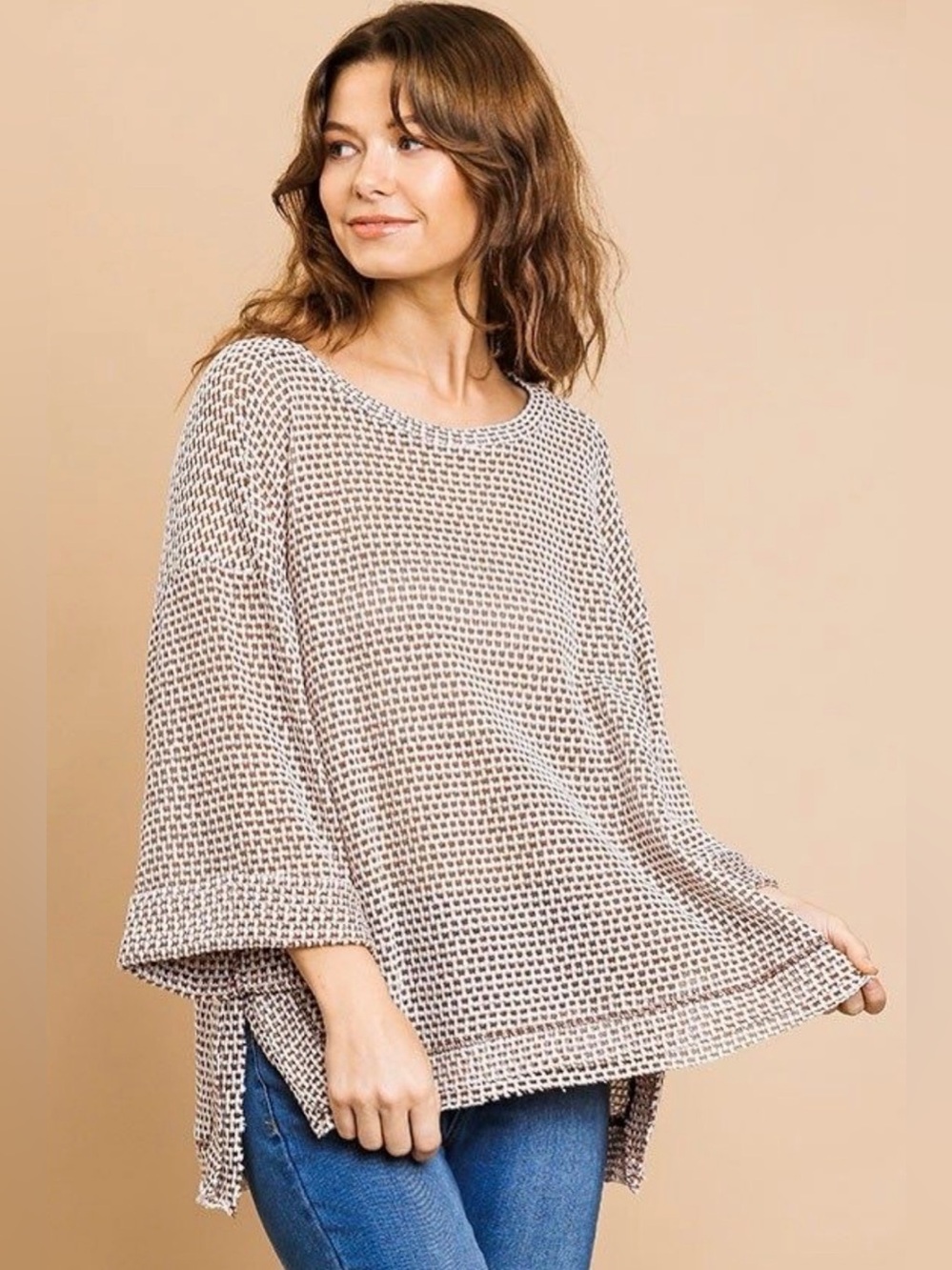 UMGEE Raw Hem Waffle Knit Boho Pullover Top - Small